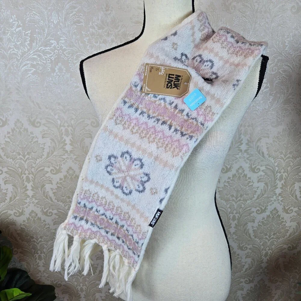 Muk Luks Reversible Oblong Scarf Fringed Ends Cream Pink Gray Winter NWT